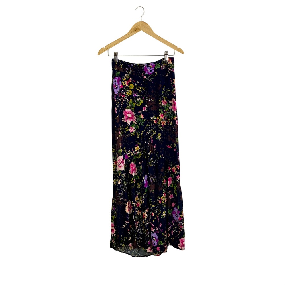 Flynn Skye Floral Button Front Maxi Skirt XS Black Whimsigoth Boho High Low Slit